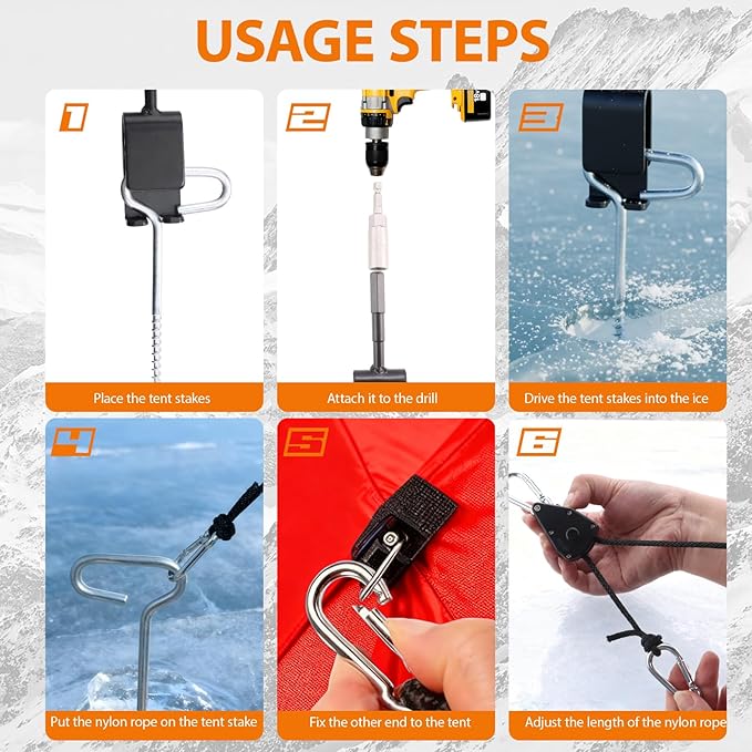 15 Pcs Ice Fishing Anchor Tool Kit – Includes 6 Ice Tent Stakes, 6 Adjustable Rope Hangers (118" Length), Ice Anchor Drill Adapter with 1/4" Adapter Head Storage Bag for Ice Fishing Shelters Tents