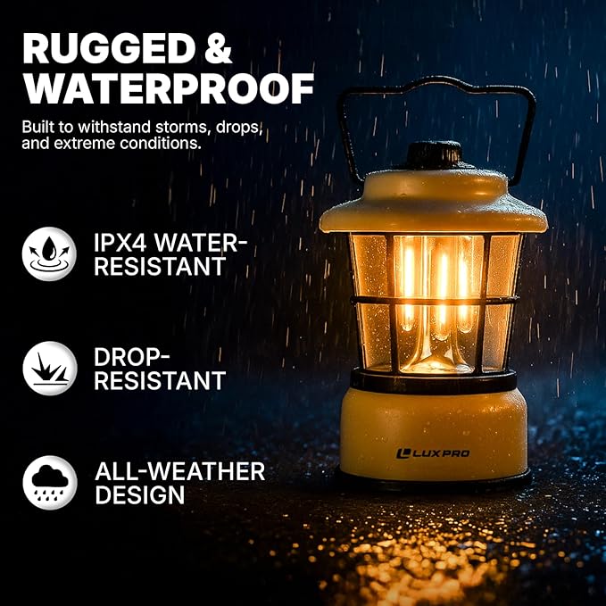 LUXPRO Retro LED Lantern - Battery-Powered Emergency Lantern - Water Resistant - Bright LED Lamp for Indoor & Outdoor Use - Use for Tents, Hiking or Hurricane Prep (Beige, Pack of 1)