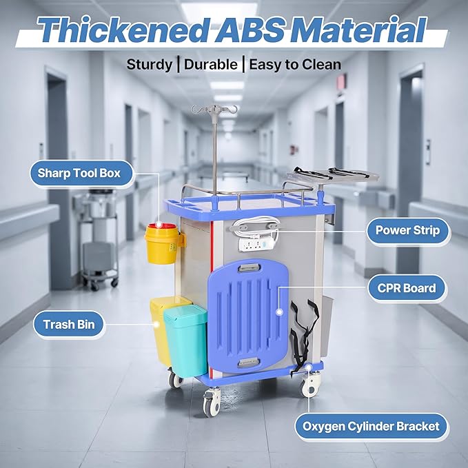 Careboda Medical Crash Cart with Drawers, Emergency Rolling Cart with Silent Casters, Adjustable IV Pole, Power Strips, ABS Trash Bin, O2 Holder, for Hospitals, Clinic, Nursing Centers, 350lbs