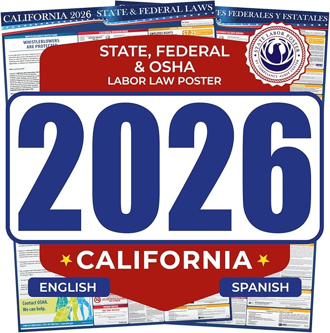 2026 California State and Federal Labor Law Poster - English Spanish Combo - OSHA Workplace Compliant - Mandatory Regulations Posting for Employees - All-In-One Required Compliance Posting 17" x 40" Laminated