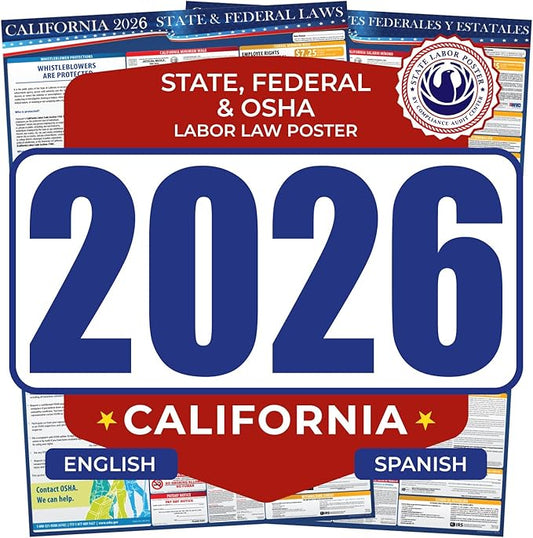 2026 California State and Federal Labor Law Poster - English Spanish Combo - OSHA Workplace Compliant - Mandatory Regulations Posting for Employees - All-In-One Required Compliance Posting 17" x 40" Laminated