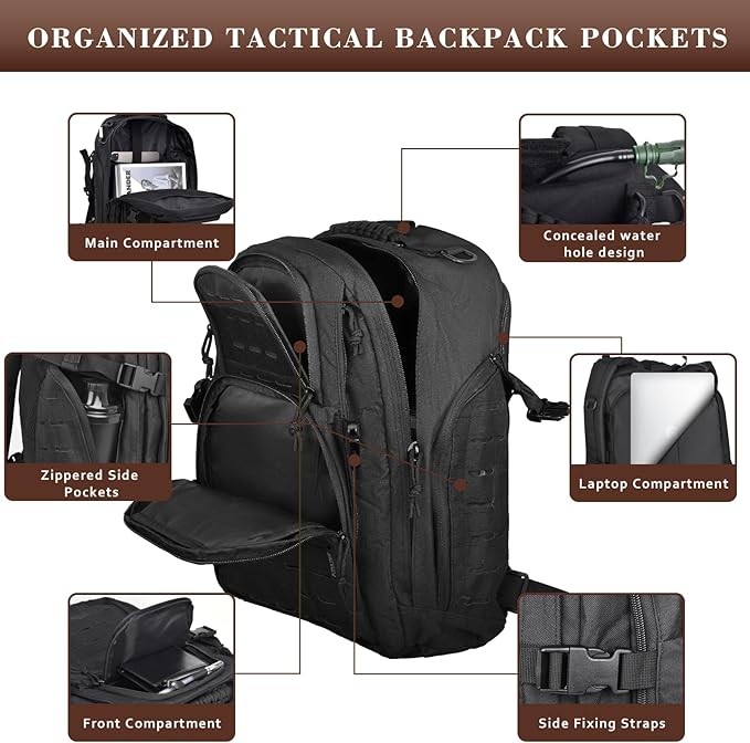 Military Tactical Backpack for Men, 40L Molle EDC Daypack Work Backpack for Trekking, Army 3 Days Assault Pack & Bug Out Bag with Water Bladder Compartment, Hiking Rucksack