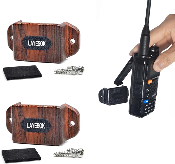UAYESOK 2 Packs Ham CB Radio Walkie Talkie Clip Holster, HT Speaker Mic Holding Bracket, Adhesive Back Screw Fixation (Wood)