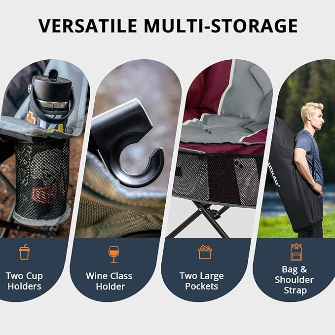 Oversized Folding Camping Chair for Adults Heavy Duty Padded Outdoor Chairs Big and Tall XL Picnic Chair with Cup Holders 400lb Capacity, Comfy for Lawn Sports and Outside Use