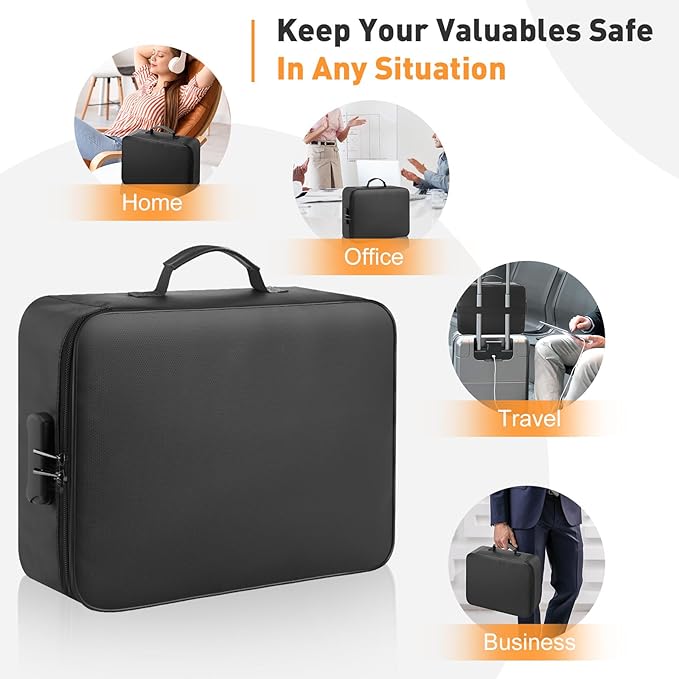Fireproof Waterproof Document Bag with Lock - Kanhiro Upgraded Fireproof File Organizer, Portable Safe Box And File Box For Home Travel, Important Document Organizer For Passport, Certificates, Laptop
