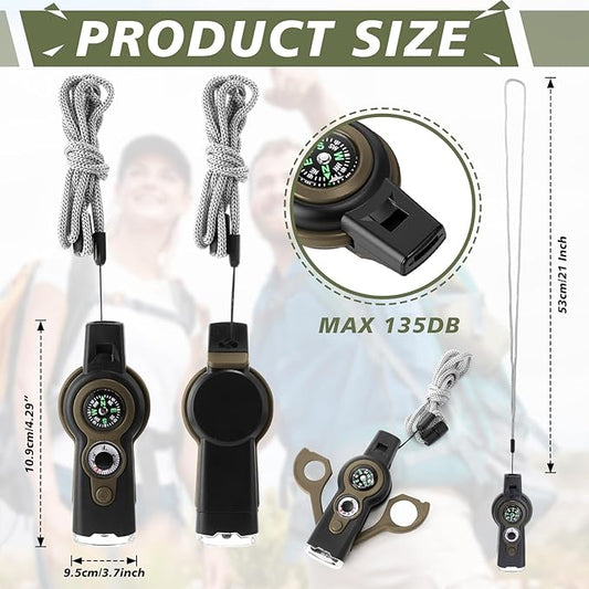 12 Pack Emergency Survival Whistle 7-in-1 Compass Hiking Survival Safety Whistle with Lanyard Outdoor Multifunctional Tool Ideal for Hiking Camping Rescue Signaling