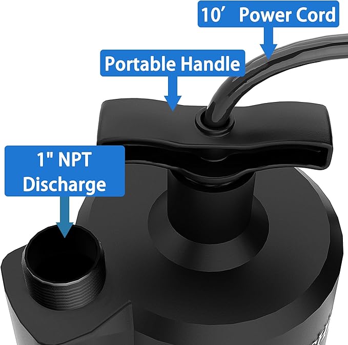 Lanchez Sump Pump, 1/2 HP 2450GPH Submersible Water Pump, Thermoplastic Portable Electric Transfer Pump Utility Pump for Hot Tub Swimming Pool Basement Garden Pond Tubs Draining with 10FT Cord