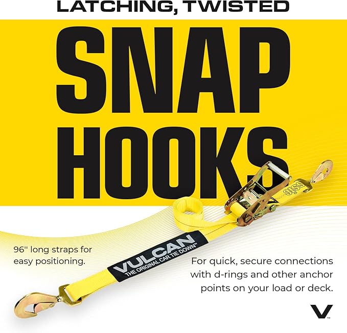 VULCAN Ultimate Axle Tie Down Kit - Classic Yellow Webbing - Includes (2) 22 Inch and (2) 36 Inch Axle Straps, (2) 96 Inch Snap Hook Ratchet Strap, and (2) 112 Inch Loop Tie Down Combinations