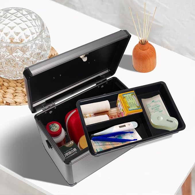 Medicine Lock Box with Key, Alluminum Alloy Box for Medication,First Aid Box with a Removeable Tray to Store Medicines & Pills for Home, Black, 14 * 8.46 * 7.48 Inch