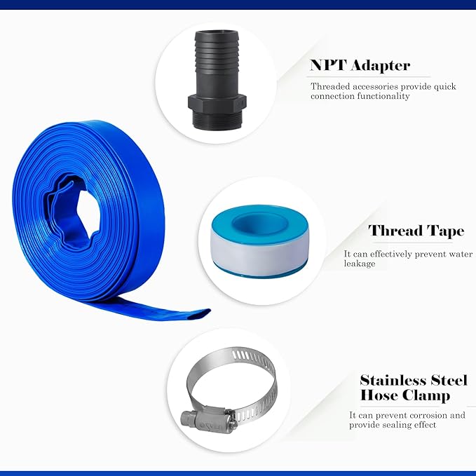 Eastrans 2 in x 50 ft Pool Backwash Hose Kit with Male NPT Adapter,Heavy Duty Discharge Pump Hose for Swimming Pool,Reinforced Pool Drain Hose with 2 Clamps and Thread Seal Tape,6 Bar