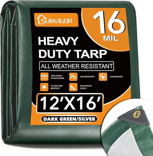 Sunvigor Tarp Waterproof 12x16Ft, Extra Thick 16 Mil Heavy Duty Tarp Cover, Tear & Fade Resistant, Outdoor Tarps with Brass Grommets and Reinforced Edges for Roof, Camping, Patio, Boat (Green/Silver)
