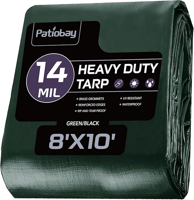 Tarp 8x10 Feet, 14 Mil Waterproof Tarps Heavy Duty with Brass Grommets, Thick Plastic Tarp, UV Resistant Tear&Fade Resistant, Reinforced Edges for Outdoor Pool Car Camp Tent