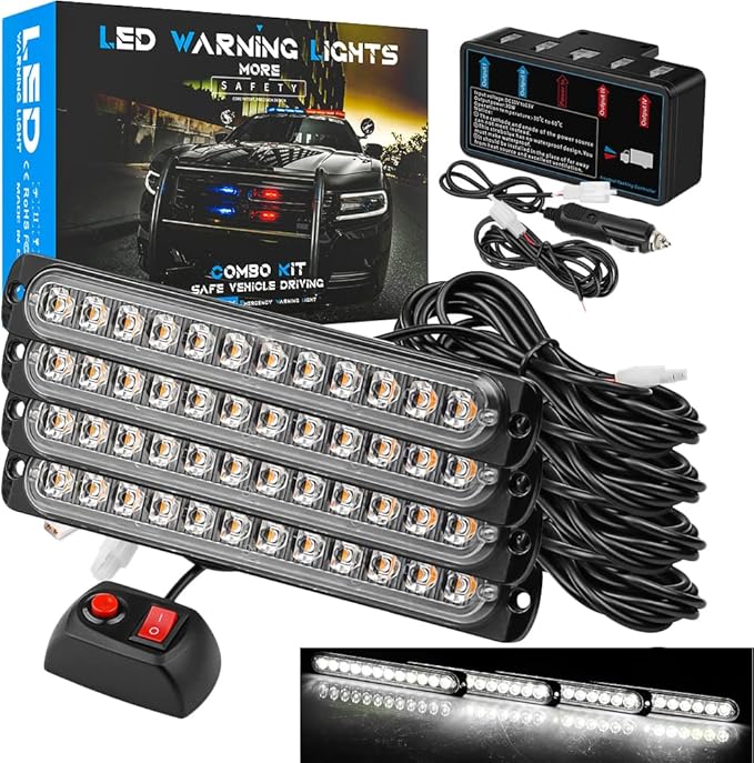 7 Inch LED Warning Safety Flashing Beacon Lights Kit, 4Pcs 12 LEDs Strobe Light Flashing Warning for All 12V-24V Vehicle off-road Truck SUV ATV Forklift Tractor Fire Engine (White)
