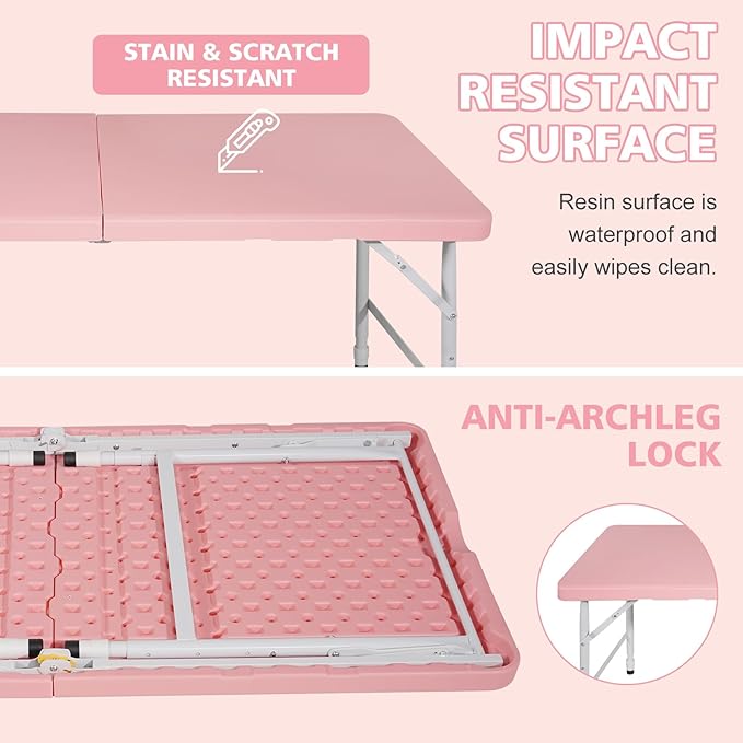 Portable 4Ft Adjustable Height Plastic Folding Table, Heavy Duty Fold-in-Half Table with Carrying Handle, Small Utility Foldable Table for Picnic Party Camping BBQ, Indoor/Outdoor (Pink)
