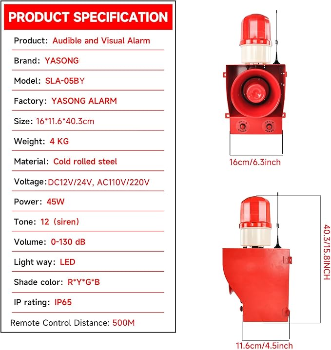 0.31mile Wireless Remote Control Siren Adjustable Volume Tone Waterproof 130dB Horn Security Alarm Systerm with LED Strobe Light AC110-120V