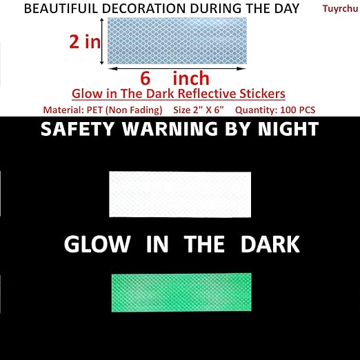Glow in The Dark Reflective Stickers 2 inch X 6 inch for Car, High Visibility Warning Safety Reflective Strips (100 Pcs)