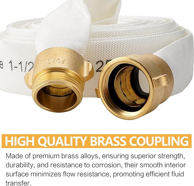 Fire Hose,1-1/2" ID X 50 FT, Single Jacket TPU, 450 PSI Burst Pressure, Industrial Fire Hose with NST/NH Brass Couplings for Indoor Use