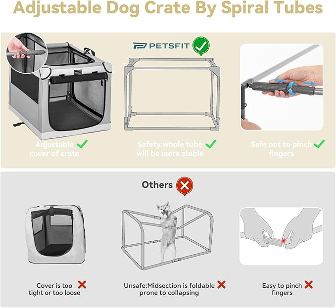 PETSFIT Portable Dog Crate, Soft Dog Crate - 24 Inch Easy Set-up, Light, Sturdy, Comfy Inside with Thicken Mat, Portable Kennel for Home and Travel Light Grey