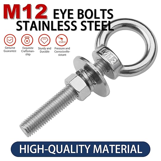 4 Pack M12 Stainless Steel Eye Bolts with Nuts, 1/2" x 3" Long Lifting Ring Eye Bolt， Eye Bolts Heavy Duty for Hang Tie Down Outdoor (4, M12x77mm (1/2"x3"))
