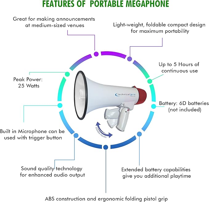 Technical Pro 25 Watts Lightweight 600M Range Portable Megaphone Bullhorn with Strap, Siren, and Volume Control, Good for Trainers, Soccer, Coaches and Cheer Leading