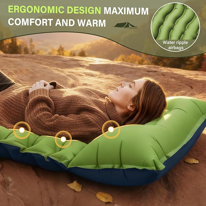 Camping Sleeping Pad, Ultralight Camping Mat with Pillow, Built-in Foot Pump Inflatable Sleeping Pads Compact for Camping Backpacking Hiking Traveling Tent,Single,Green