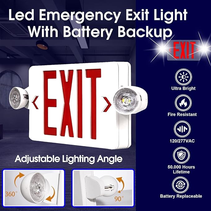 LED Exit Sign with Emergency Light, Double Sided Red with Battery Backup, Rotatable Light Head, AC 120V/277V, UL Listed Commercial LED Emergency Exit Light (2Pack, Red)
