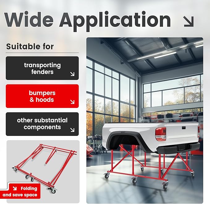 Folding Pickup Bed Dolly- Easily Fold Large Auto Body Truck Bed Cart 800 lbs, Truck Bed Dolly Lifter Automotive Body Cart Pick Up Bed Stand W/Casters Steel Powder Coated Red