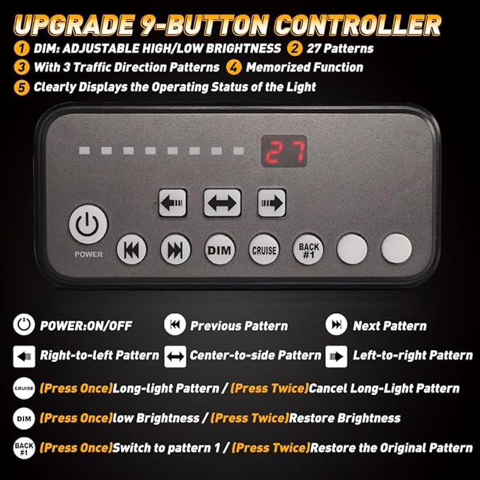 ASPL 282 LED Low Profile Emergency Strobe Light Bar 47" Roof Top Warning Hazard Flashing Security Traffic Advisor/Controller / 27 Patterns Lights for Tow Truck Construction Vehicle (Amber/White)