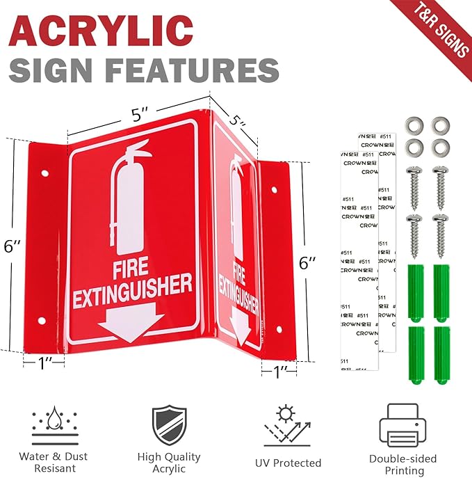 T&R Fire Extinguisher Sign, Fire Extinguisher with Down Arrow - 8 Pack - 8 x 6 Inches Acrylic, 4 pre-drilled holes, Includes Matching Screws, Use for Home Office/Business