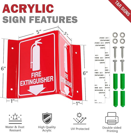 T&R Fire Extinguisher Sign, Fire Extinguisher with Down Arrow - 8 Pack - 8 x 6 Inches Acrylic, 4 pre-drilled holes, Includes Matching Screws, Use for Home Office/Business
