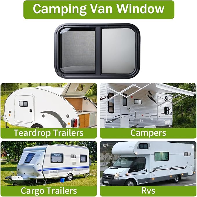 24"x15" RV Sliding Window - Horizontal Teardrop Style, DOT-Certified Tempered Glass & Trim Kit, Aluminum Alloy Frame w/Mesh Screen