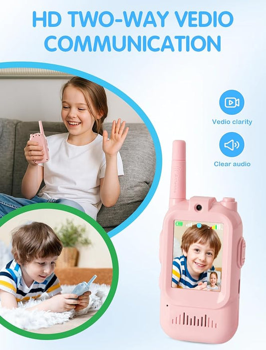 Walkie Talkie for Kids with Video: 2 Pack Rechargeable Toddler Toys with HD Camera & Voice Changer, Long Range Gift Toys for Boy & Girl Age 3-8 for Outdoor Play, Camping (Pink-Blue)