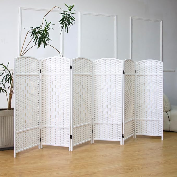 6 Panel Rattan Divider Short Room Partition Screen,Double Sided Folding Divider for Room Separation,White,47.2" H x 94.5" W