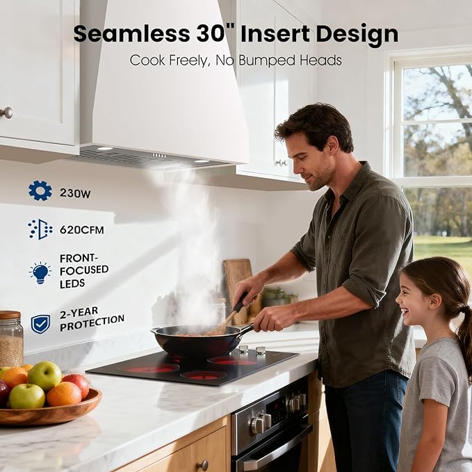 Range Hood 30 Inch Insert - 620CFM Built-in Kitchen Hood with TRUE-COLOR 5500K LED, Complete Exhaust Kit (Charcoal Filters + Duct Pipe), Ducted/Ductless Convertible