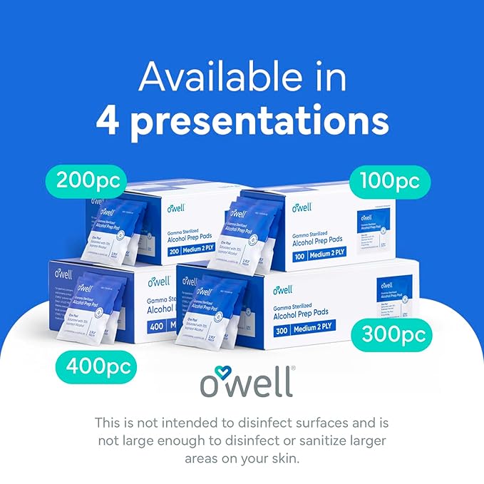 OWELL Prep Pads - 400 Individually Wrapped Sterile Alcohol Wipes, Medium 2-Ply Antiseptic Wipes for Disinfecting Skin, First Aid Kit Alcohol Swabs (4 Packs of 100 Count)