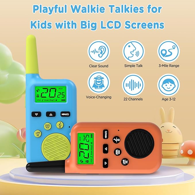 Peakeep Walkie Talkies for Kids Long Range 3 Miles, Voice-Changing Toys Gifts for 3-12 Years Old Boys Girls, 2 Way Radios Big LCD Screen, Flashlight, Camping Hiking Outdoor, Battery Operated, 2 Packs