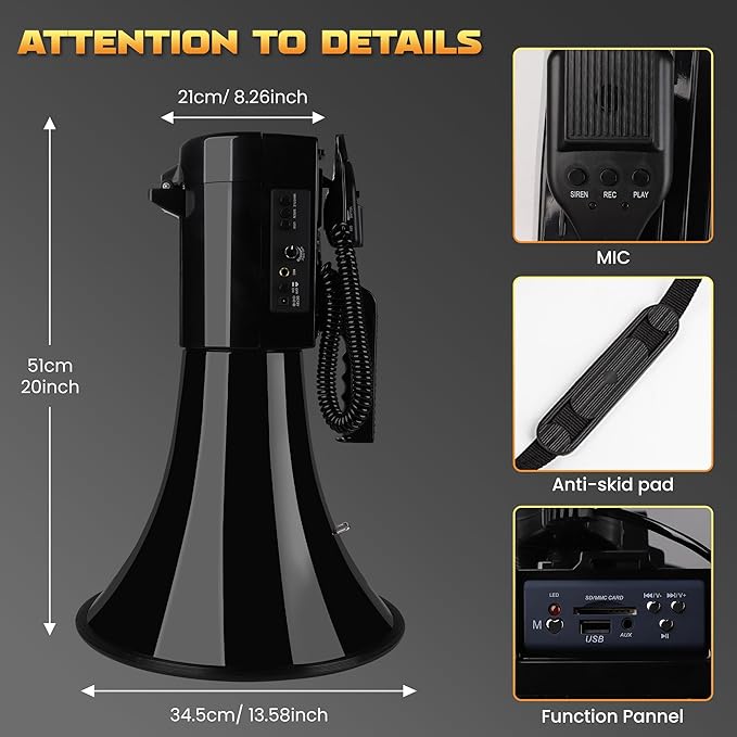My Mealivos75W 2000 Professional Yard Sound Range Heavy PA Bullhorn Megaphone Speaker, Adjustable Volume, Loud Hand Held Megaphone, Outdoor Activities, Coaching, Football, Baseball, Hockey…