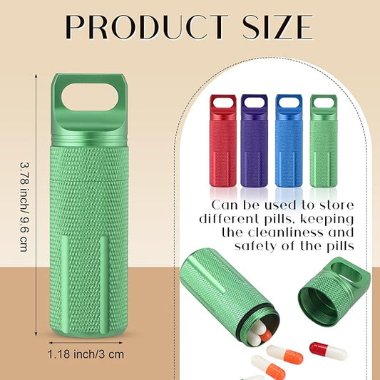 Patelai 4 Pcs Portable Keychain Pill Holder Pill Organizer Travel Waterproof Match Container Aluminum Airtight Keychain Container Travel Size Storage Supplements Holder for Outdoor Camping(Vibrant)