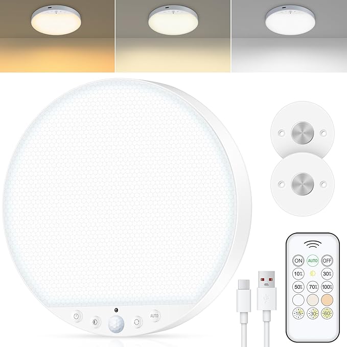 Rechargeable 6W Motion Sensor Ceiling Light Indoor, No Wiring & Magnetic Stick-On, Remote Control for Color & Brightness, Battery Operated Light for Shower, Closet, Bathroom, Pantry, Hallway, 1-Pack