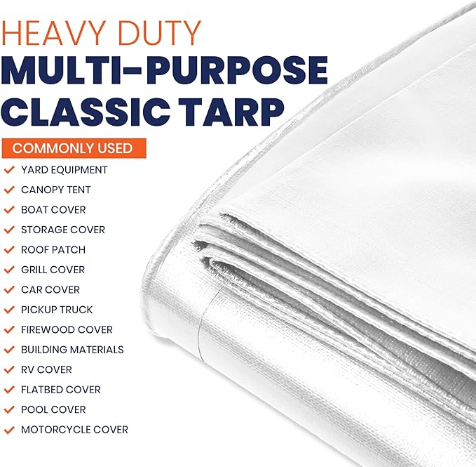 Tarpco Safety Heavy Duty 7 Mil Tarp Cover, Waterproof, UV Resistant, Rip and Tear Proof, Poly Tarpaulin with Reinforced Edges for Roof, Camping, Patio, Pool Cover, Boat (White 20′ X 20′)