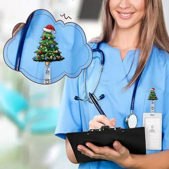Christmas Tree Badge Holder Christmas Badge Reel Xmas Tree Badge Reels with Light String Hat Design Retractable ID Name Badge Alligator Clip for Nurse Student Teacher Office Decoration Party Favors