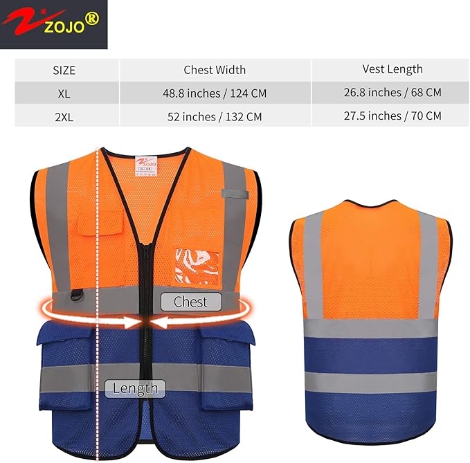 zojo High Visibility Safety Vests With Pockets, Pack of 10,Wholesale Reflective Vest for Outdoor Works, Cycling, Jogging, Walking,Sports - Fits for Men and Women(XL- Mesh-Mix Orange & Blue)