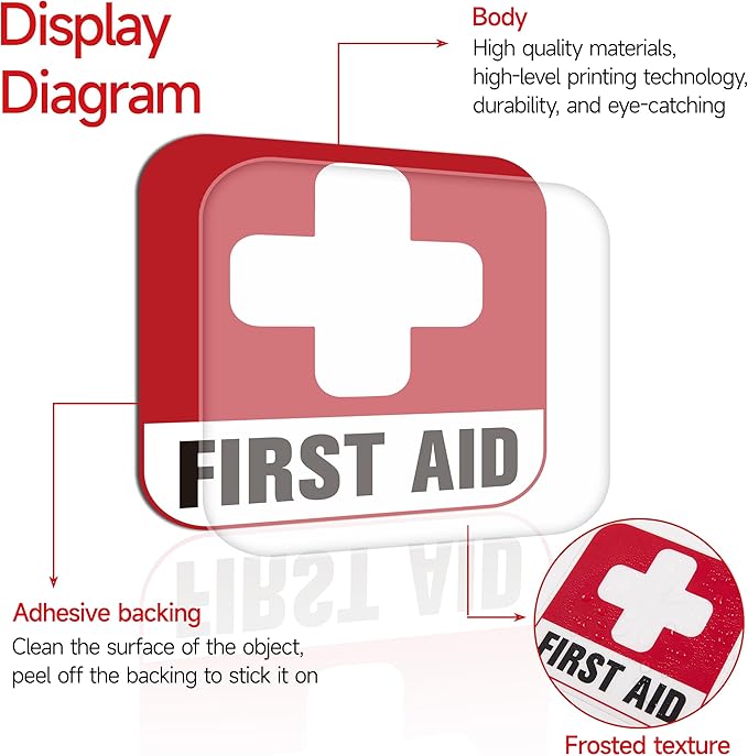 3PCS First Aid Sign Sticker for Box，Self-Adhesive Waterproof Small First Aid Decals for Home, Emergency First Aid Kit Supplies for Home, Office or Business (4x4IN, 2X2IN)