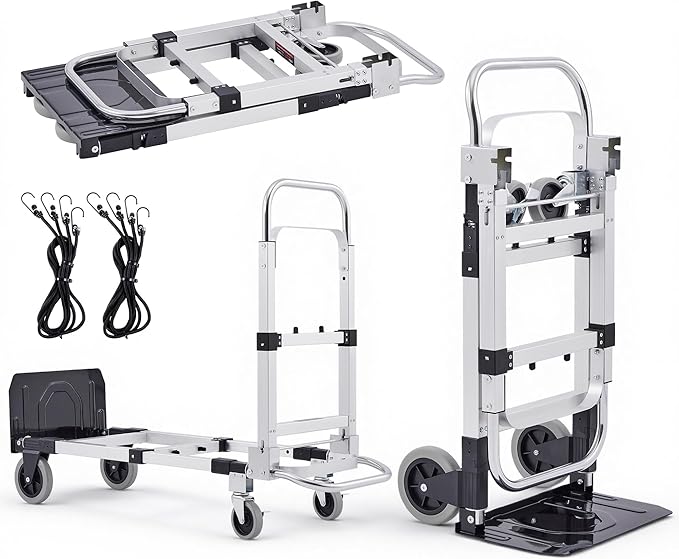CREWORKS 3 in 1 Convertible Hand Truck Dolly with Brakes,Heavy Duty Folding Hand Truck with 600LB Capacity,Portable Dolly Cart with Rubber Wheels and Telescoping Handles for Moving