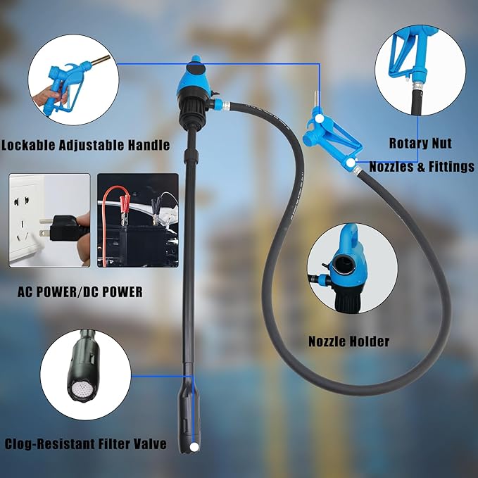 Electric Drum Pump (120V AC / 12V DC), 5 GPM flow fuel pump, for DEF, diesel, water, antifreeze. Includes a 6.6ft hose, 2-inch bung adapter, and 34-49in telescoping suction tube for 55-gallon barrels.