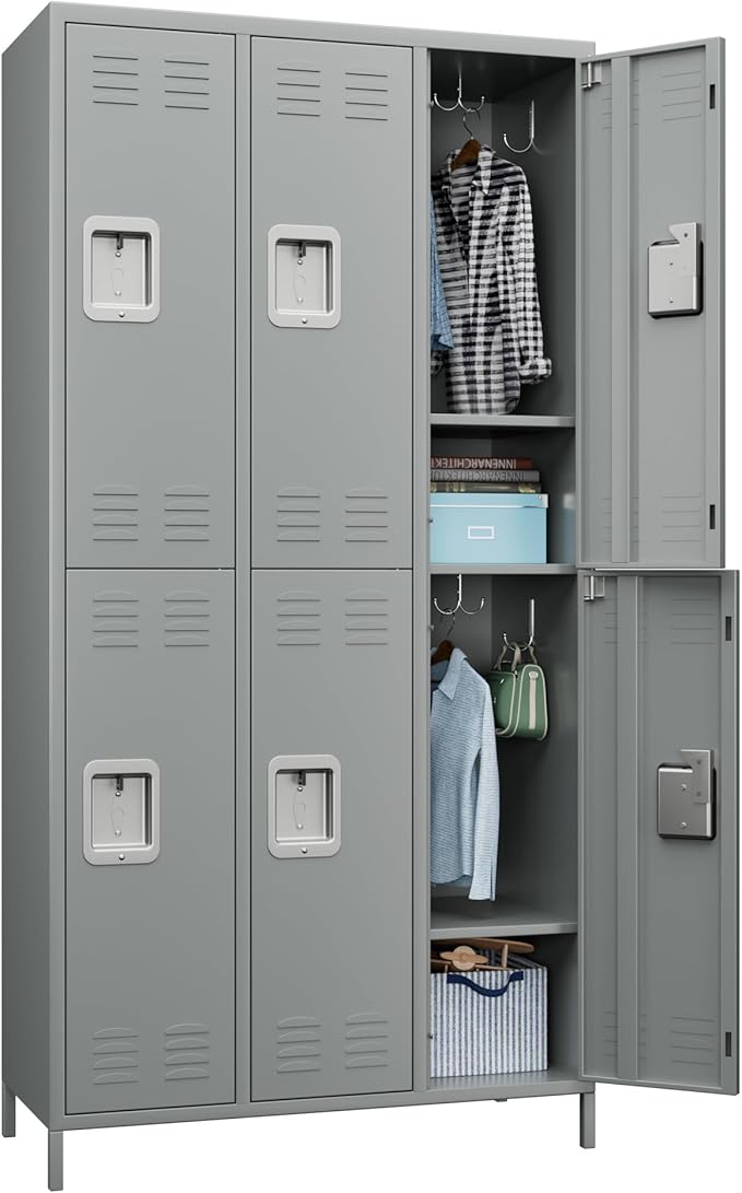 Metal Lockers with 6 Doors and 18 Hooks, 72" Tall Lockers for Employees, Home Office School Gym, Assembly Required, Light Gray