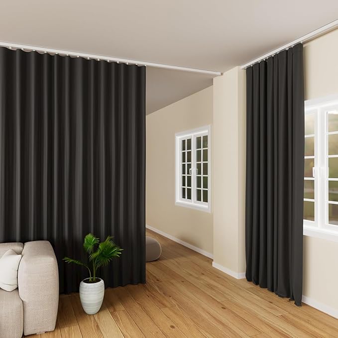 Room Divider Curtains Blackout Ceiling Track Curtain with Hook Wall Mount Sliding Door Curtains Ceiling Mount Extra Wide Curtain Wall Divider for Room Separation (Black, W150 x H120 Inch)