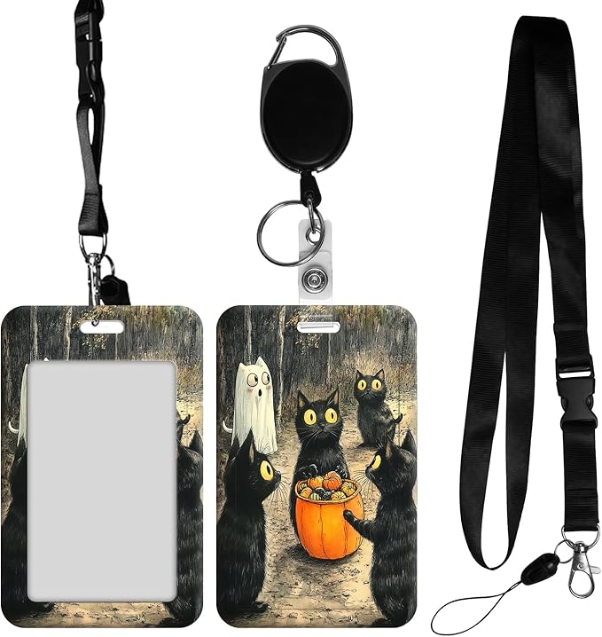 ID Badge Holder with Retractable Lanyard for Women & Men,Vertical ID Card Holder Wallet,Clear Window&Card Slot,Detachable Neck Strap for Nurse Teacher Office,Cats Ghost