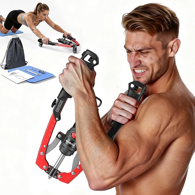 FLYBIRD Chest & Arm Twister & Core Trainer, Hydraulic Power CoreFlex Twister Chest Workout Equipment, 22-440lbs for Strength Trainer, 3-in-1 Chest Trainer with Ab Roller Wheel(Backpack &Pad Included)