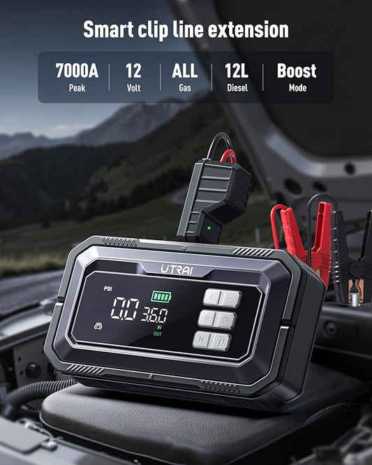 UTRAI Jump Starter with Air Compressor 150PSI, 7000A Peak 12V Jump Box for Car Battery (All Gas/12.0L Diesel), 160W DC Output Car Jumper Starter Portable, Jump Pack with OBD II Scanner, LED Light